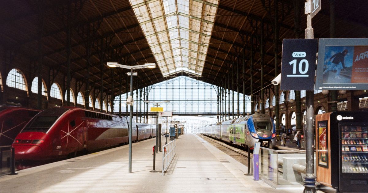 Interior view of Gare du Nord in Paris, showcasing high-speed trains on parallel tracks under the iconic glass roof.